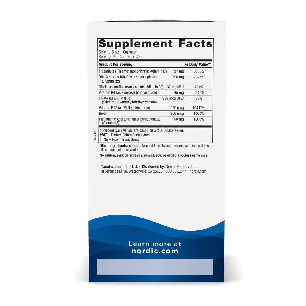 Nordic Naturals Vitamin B Complex - 45 Capsules Thiamine, Riboflavin, Niacin, B6 & B12, Folate, Biotin, Pantothenic Acid Heart Brain Health, Energy, Metabolism Non-GMO Servings Nordic NaturalsBuy Supplements Australia