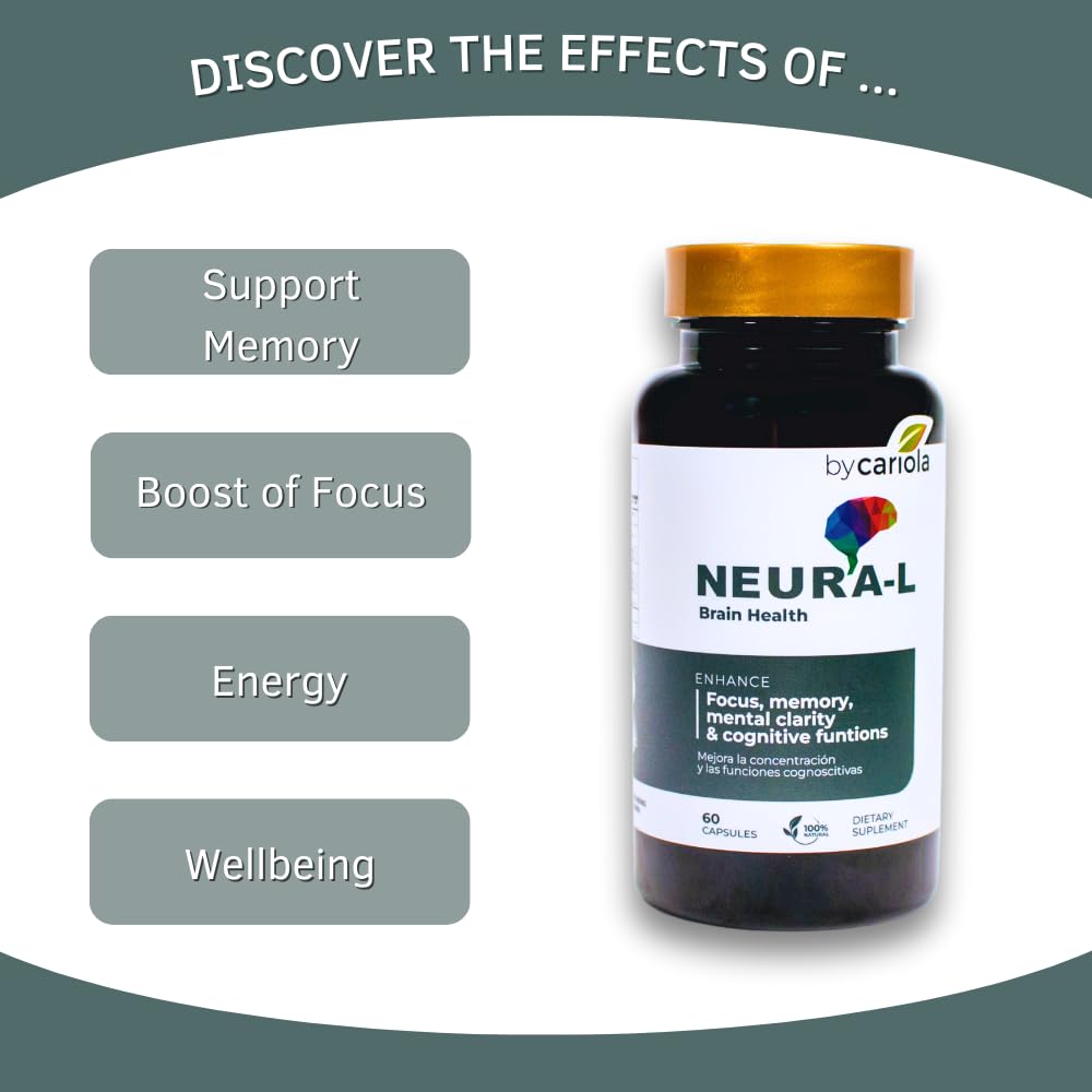 BY CARIOLA Neural-L Natural Brain Support Supplement 60 Caps - Mental Support – Memory Booster - Concentration - Natural Formula - Ashwagandha - L-Tyrosine - L-Theanine BY CARIOLABuy Supplements Australia