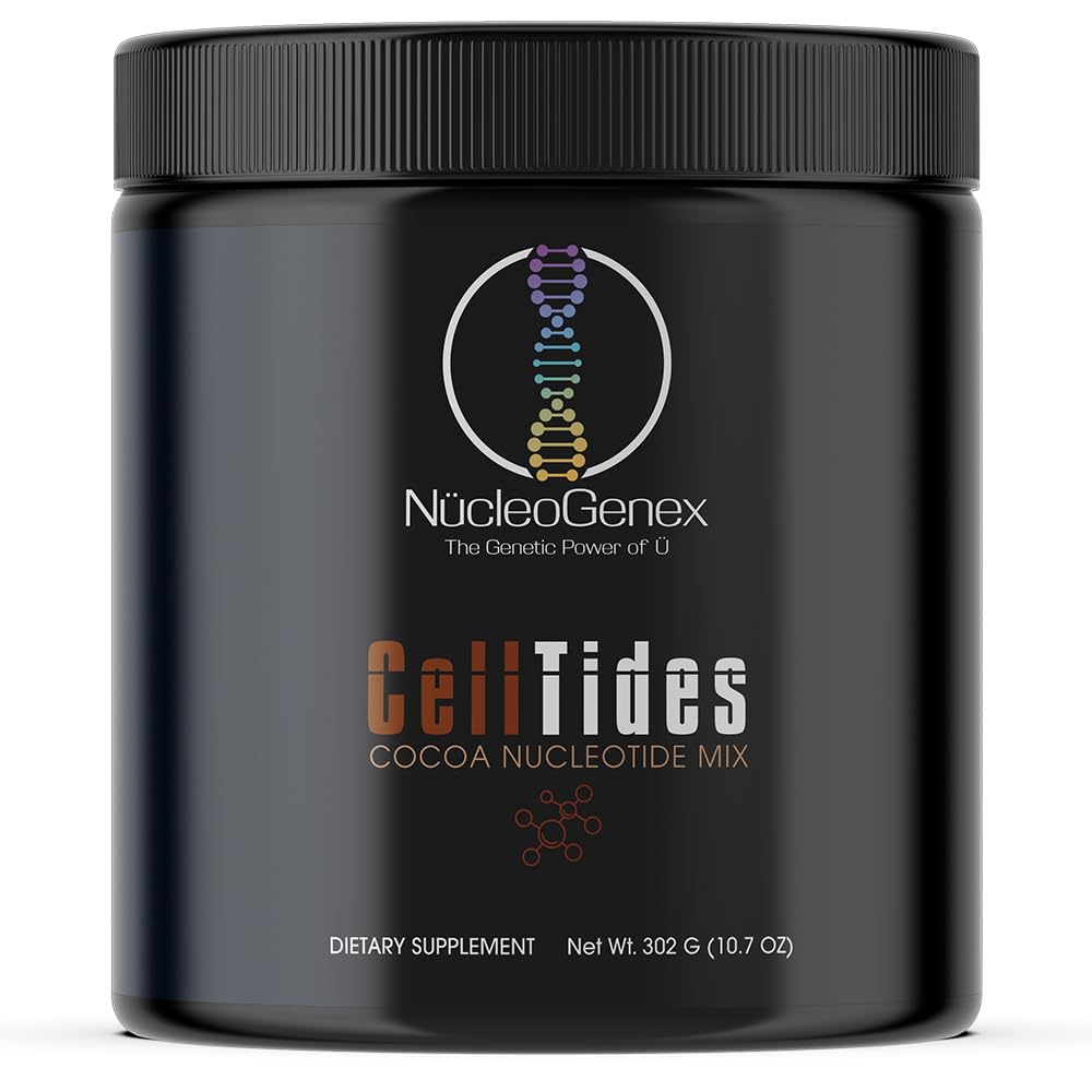 Black supplement container labeled 'NucleoGenex CellTides Cocoa Nucleotide Mix' on a white background