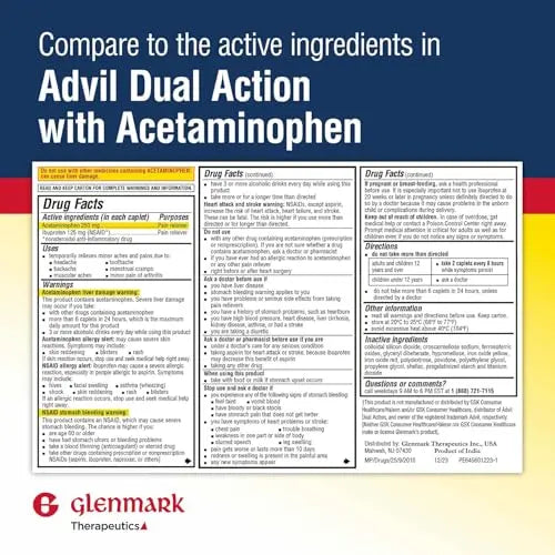 Dual Action Acetaminophen 250mg and Ibuprofen 125mg Caplets, Up to 8h of Pain Relief for Minor Aches and Pain, Headaches, Toothache, Backache, Menstrual Cramps, Minor Arthritis Pain, 216 Count Glenmark TherapeuticsBuy Supplements Australia
