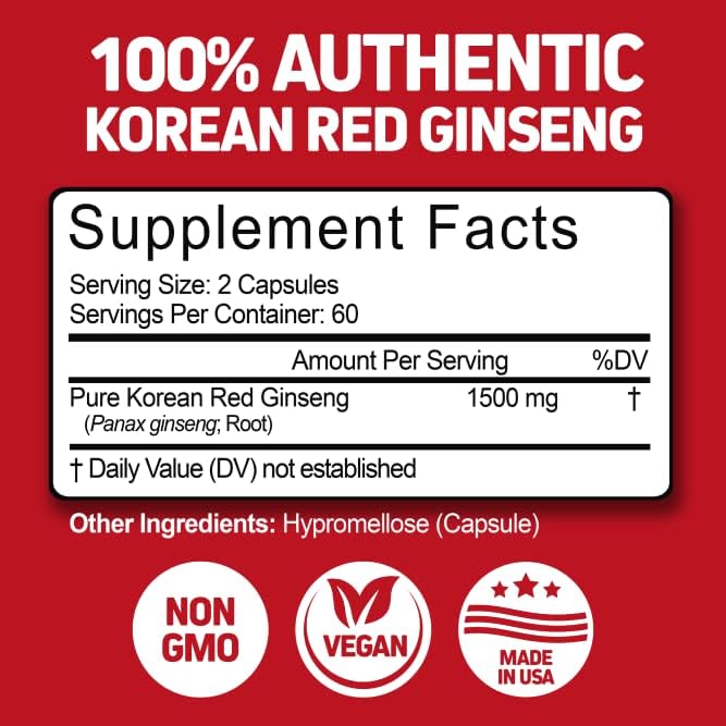 Herbtonics Korean Red Panax Ginseng 1500mg - Energy Supplement for Peak Performance, Focus & Vitality - High Potency Ginseng Root Extract - 120 Vegan Capsules HerbtonicsBuy Supplements Australia