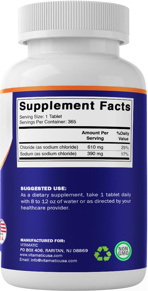 Vitamatic Sodium Chloride 1000mg – 365 Tablets Electrolyte Replenisher & Hydration Support – Non-GMO, Gluten-Free