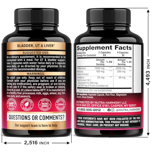 D-Mannose 2000mg with Cranberry & Hibiscus - Clinically Tested Strength for Urinary Tract Health - Supplement for Women - Bladder, Liver & Microflora Support - Made in USA - Vegan, 120 Capsules NUTRAHARMONYBuy Supplements Australia