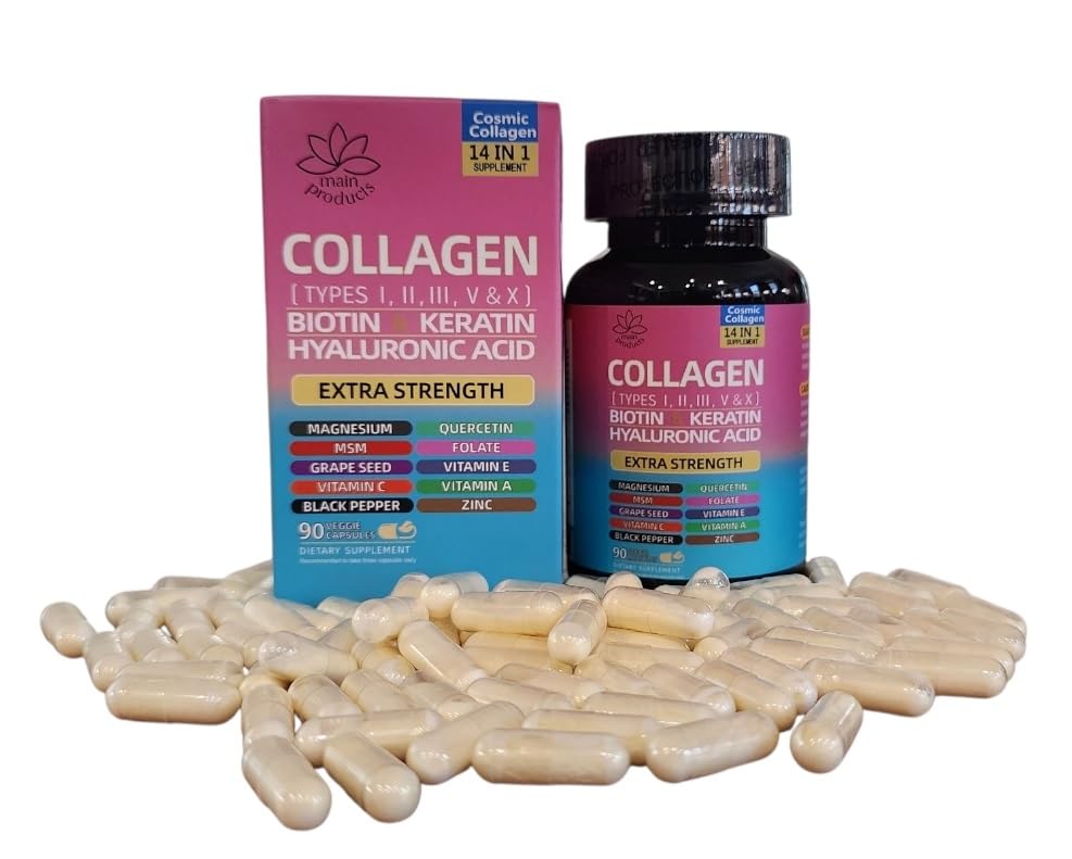 Collagen Peptides Types I, II, III, V & X, 64000 MCG, 14 in 1, Biotin, Keratin, Hyaluronic Acid, Magnesium, MSM, Grape Seed, Vitamin A C & E, Black Pepper, Quercetin, Folate, Zinc (90 Veggie Caps) Main ProductsBuy Supplements Australia
