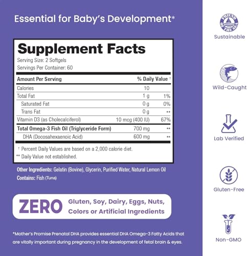 Prenatal DHA for Women 600mg + 400 IU Vitamin D3 | 120 Softgels | Supports Brain Health | Triglyceride Omega 3 Fish Oil DHA Prenatal Vitamins for Pregnancy & Nursing | 300mg per Capsule Mother's PromiseBuy Supplements Australia
