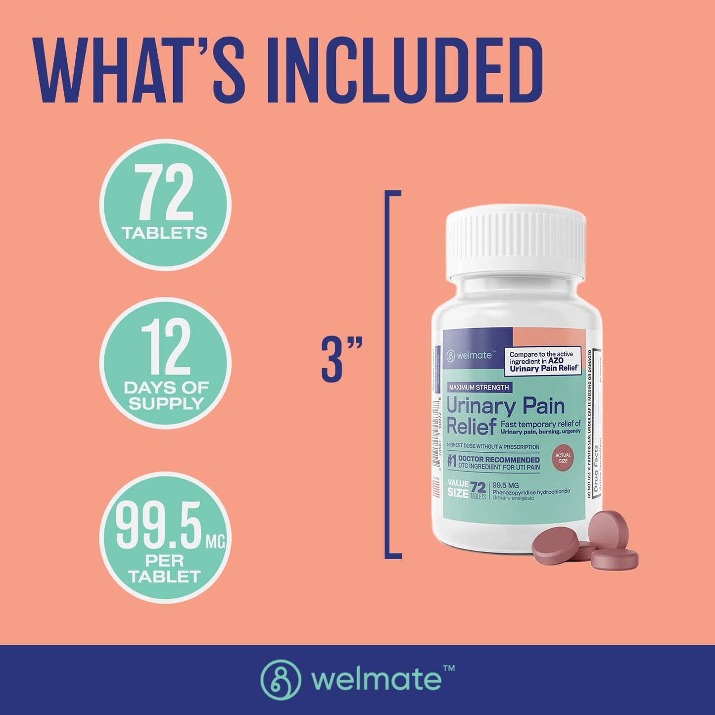 WELMATE Urinary Pain UTI Relief Maximum Strength (Phenazopyridine HCL) - Improve Urinary Tract Health & Bladder Control, Urgency, & Discomfort | Over-The-Counter Medication for Men & Women (72 Pills) WELMATE buy supplements Au