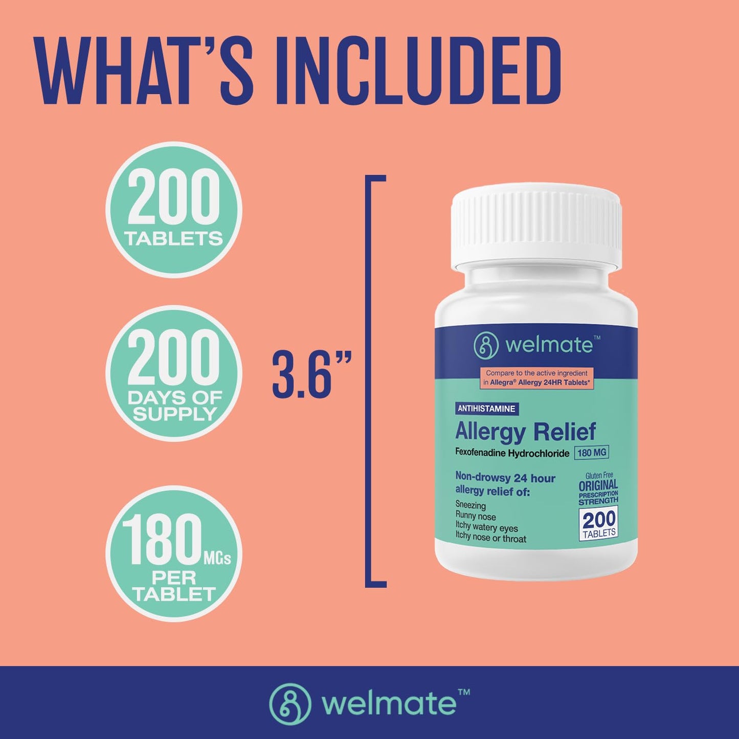 WELMATE | Allergy Relief | Fexofenadine HCl 180 mg | 24 Hour Non-Drowsy Antihistamine | Sneezing | Runny Nose | Itchy Eyes, Nose & Throat | Indoor & Outdoor Allergy Relief Tablets | 200 Count WELMATE buy supplements Au