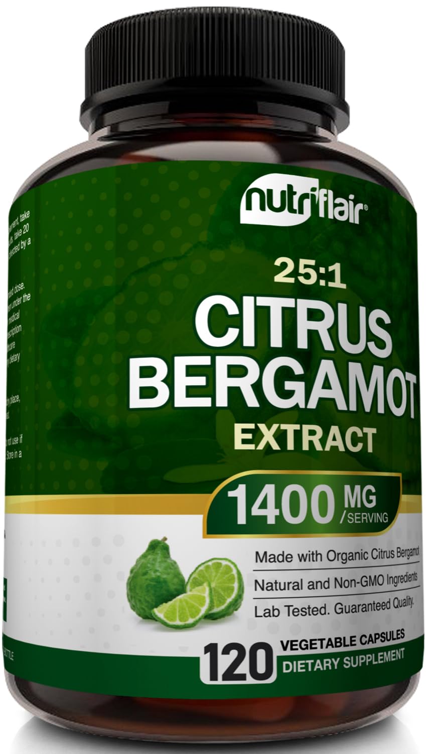 NutriFlair Organic Citrus Bergamot 1400mg, 120 Capsules - 25:1 Bergamia - Essential Oil and Citrus Bioflavonoids - Natural Heart Health Supplements