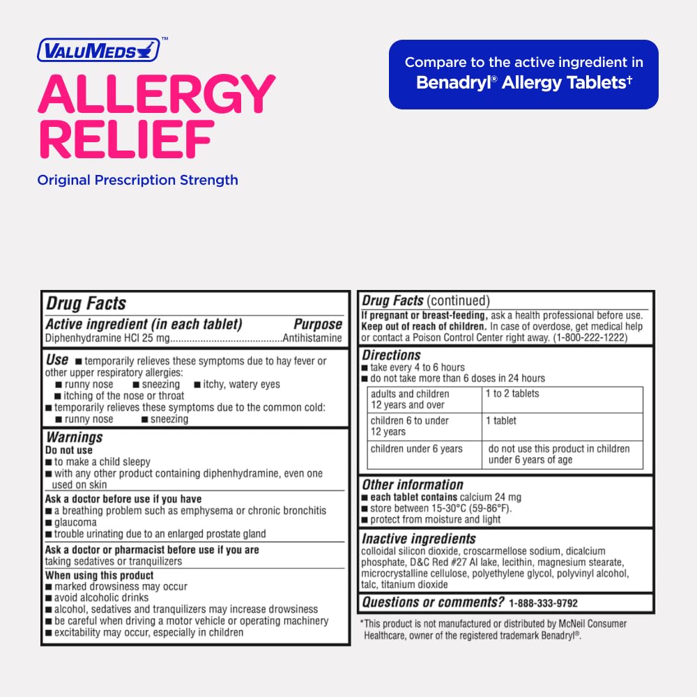 ValuMeds Allergy Medicine Antihistamine, Diphenhydramine HCl 25 mg | Children and Adults | Relieve Itchy Eyes, Runny Nose, Sneezing (25 mg, 600 Count) ValuMeds buy supplements Au