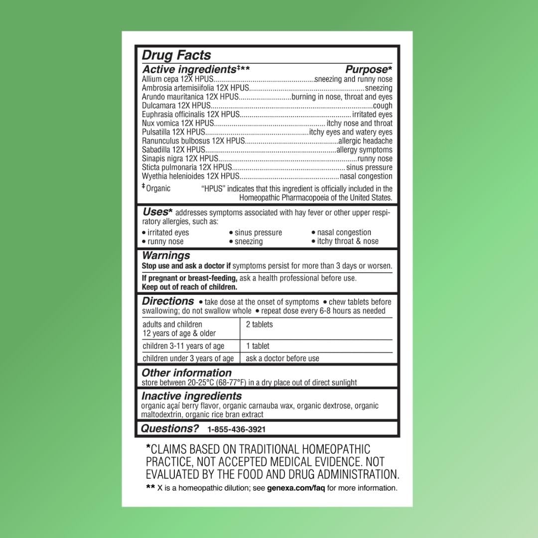 Genexa Allergy Care | Drug Free, Non-Drowsy Allergy & Decongestant Remedy for Adults | Vegan & Non-GMO | Homeopathic Allergy Relief Made Clean | Organic Acai Berry Flavor | 60 Chewable Tablets Genexa buy supplements Au
