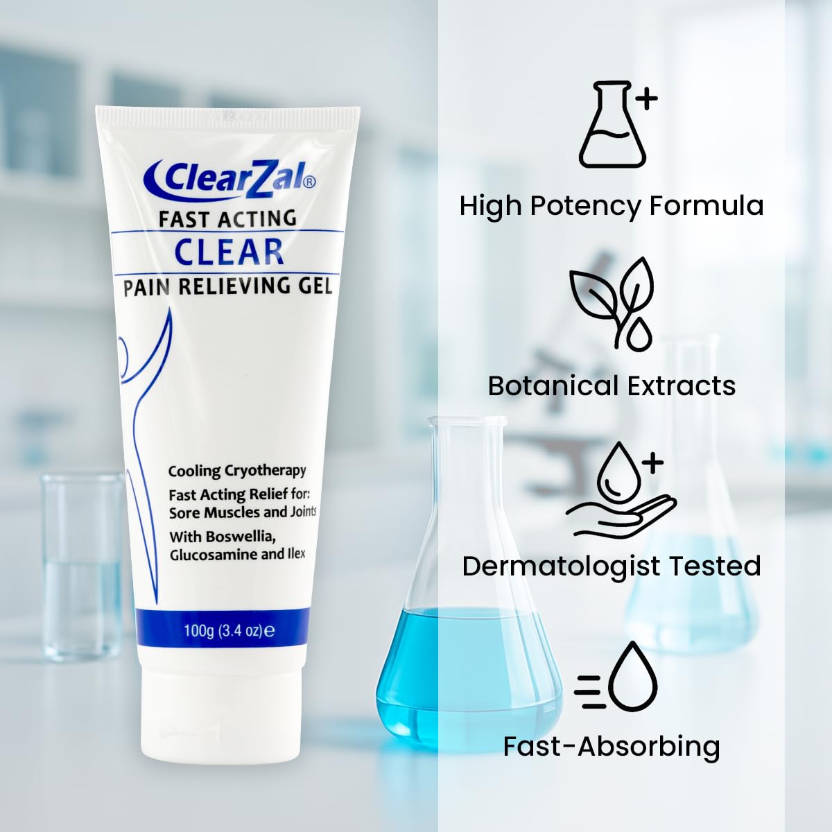 ClearZal Fast Acting Clear Pain Relieving Gel with Cooling Cryotherapy, Boswellia and Glucosamine for Sore Muscles and Joints, Soothing Cooling Gel 3.4 oz ClearzalBuy Supplements Australia