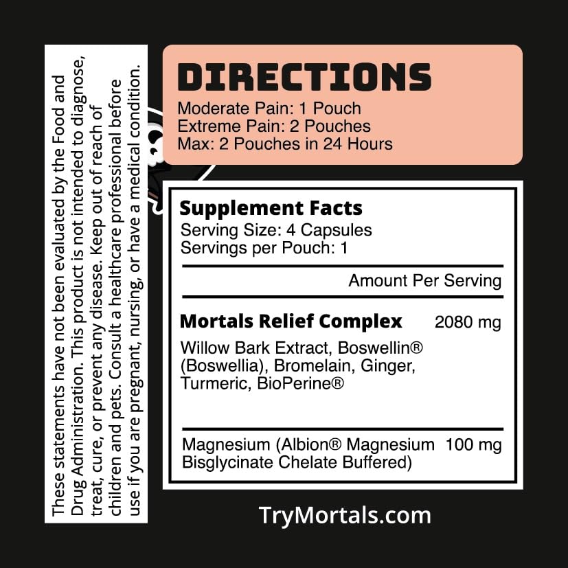 Mortals Pain Purge Daily Comfort Capsules — 7-Ingredient Botanical Blend with Turmeric, Boswellia, Willow Bark & Ginger — Vegan, cGMP, Made in USA (15 Pouches) MortalsBuy Supplements Australia