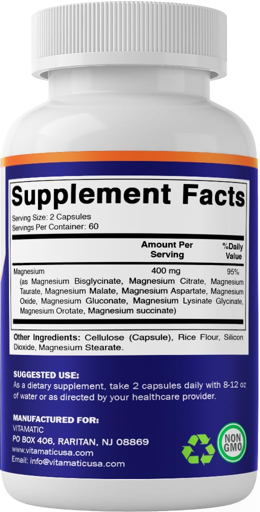 Vitamatic Magnesium Complex, 400mg Elemental MG (as Bisglycinate, Citrate, Taurate, Malate, Aspartate, Oxide, Gluconate, Lysinate Glycinate, Orotate, Succinate) - 120 Capsules per Pack - 2 Pack Vitamatic buy supplements Au