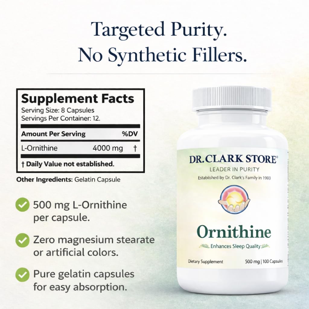 Dr Clark Ornithine Dietary Supplement - Gluten Free, Natural Sleep Aid, Promotes Protein Metabolism, Cleansing and Detoxification, 500mg, 100 Gelatin Capsules Dr Clark StoreBuy Supplements Australia