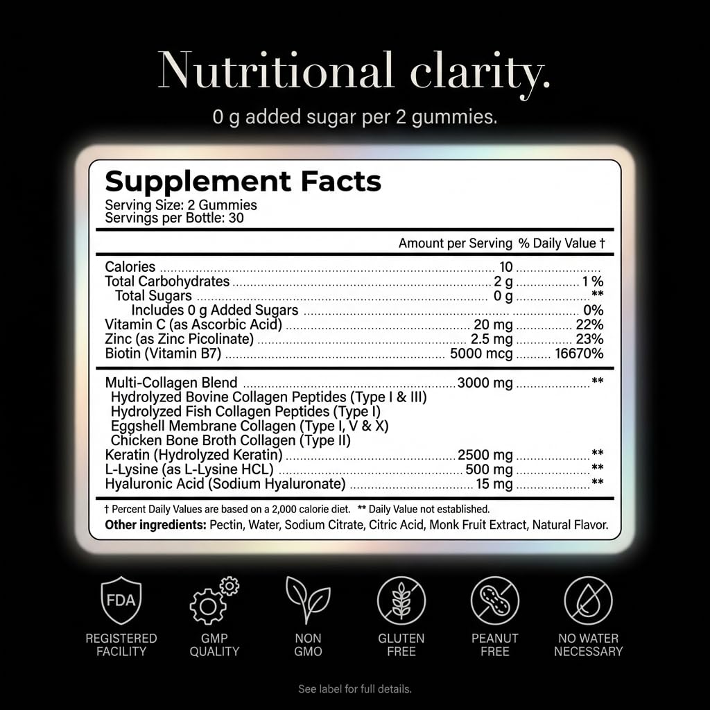 Collagen Peptides Gummies Sugar Free 3000mg Multi Collagen Blend for Hair Skin & Nails Support + 2500mg Keratin + 5000mcg Biotin, Hyaluronic Acid,