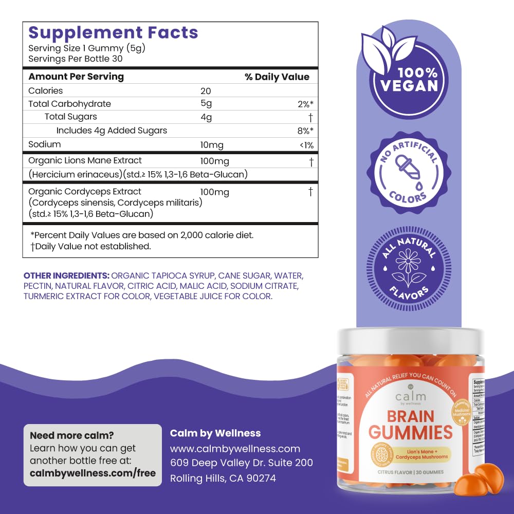 Calm by Wellness Lion’s Mane Gummies for Adults – Vegan Mushroom Gummies with Lion’s Mane & Cordyceps for Brain Support, Memory & Focus, Immune Boost – Citrus Flavor, 30 Count Calm by Wellness buy supplements Au