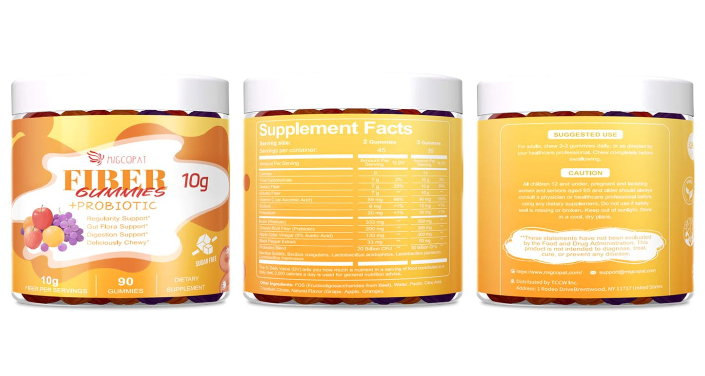 Migcopat 10G Fiber Gummies for Adults - Support Digestive Health - Fiber Supplement with 30 Billion CFU Probiotics Blend, ACV, Vitamin C, Inulin - No Sugar Added - Fruit Flavored - 180 Count