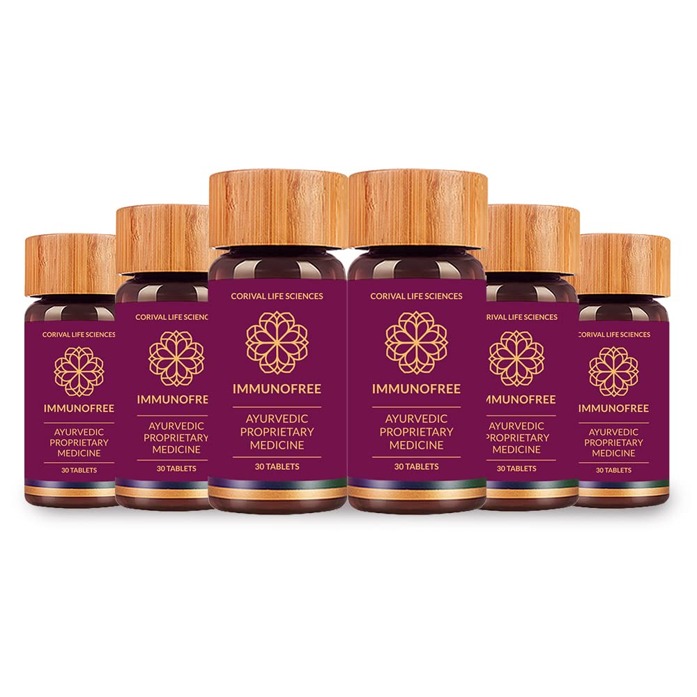 Row of Corival Life Sciences Immunofree Ayurvedic Proprietary Medicine bottles on a white background