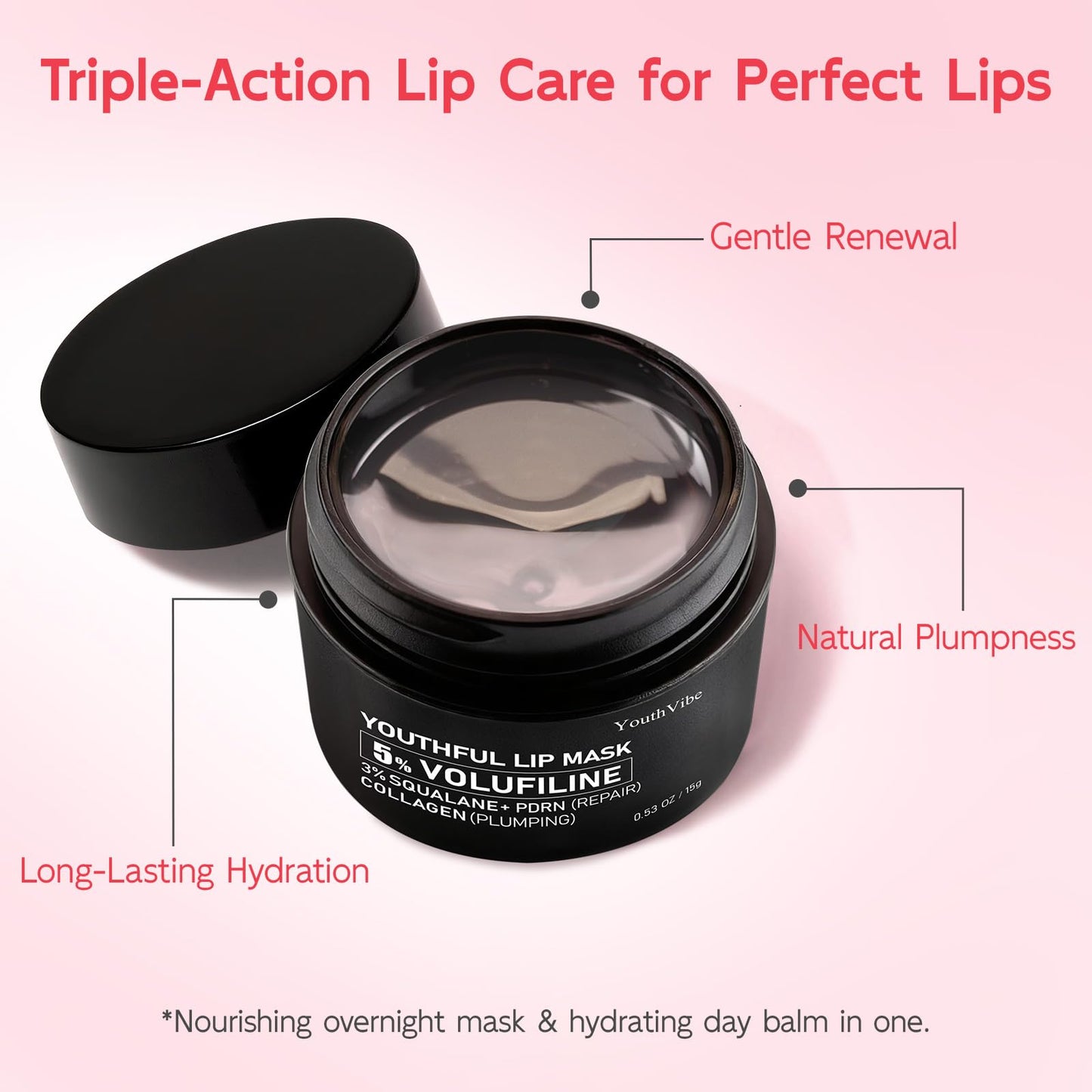 YouthVibe Lip Mask Overnight Moisturizing - Nourish & Hydrate, Antioxidants, 5% Volufiline, Vitamin E, Shea Butter, PDRN & Collagen Sleeping Lip Treatment for Dry, Chapped Lips YouthVibeBuy Supplements Australia