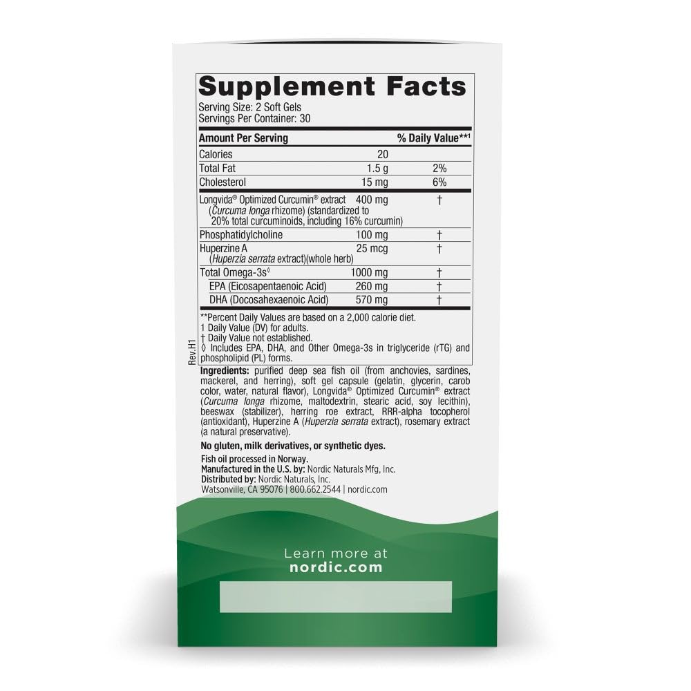 Nordic Naturals Memory Support with Curcumin - 60 Soft Gels - 1000 mg Omega-3 + 400 mg Optimized Curcumin - Memory, Cognition - Contains Phosphatidylcholine & Huperzine A - Non-GMO - 30 Servings Nordic NaturalsBuy Supplements Australia