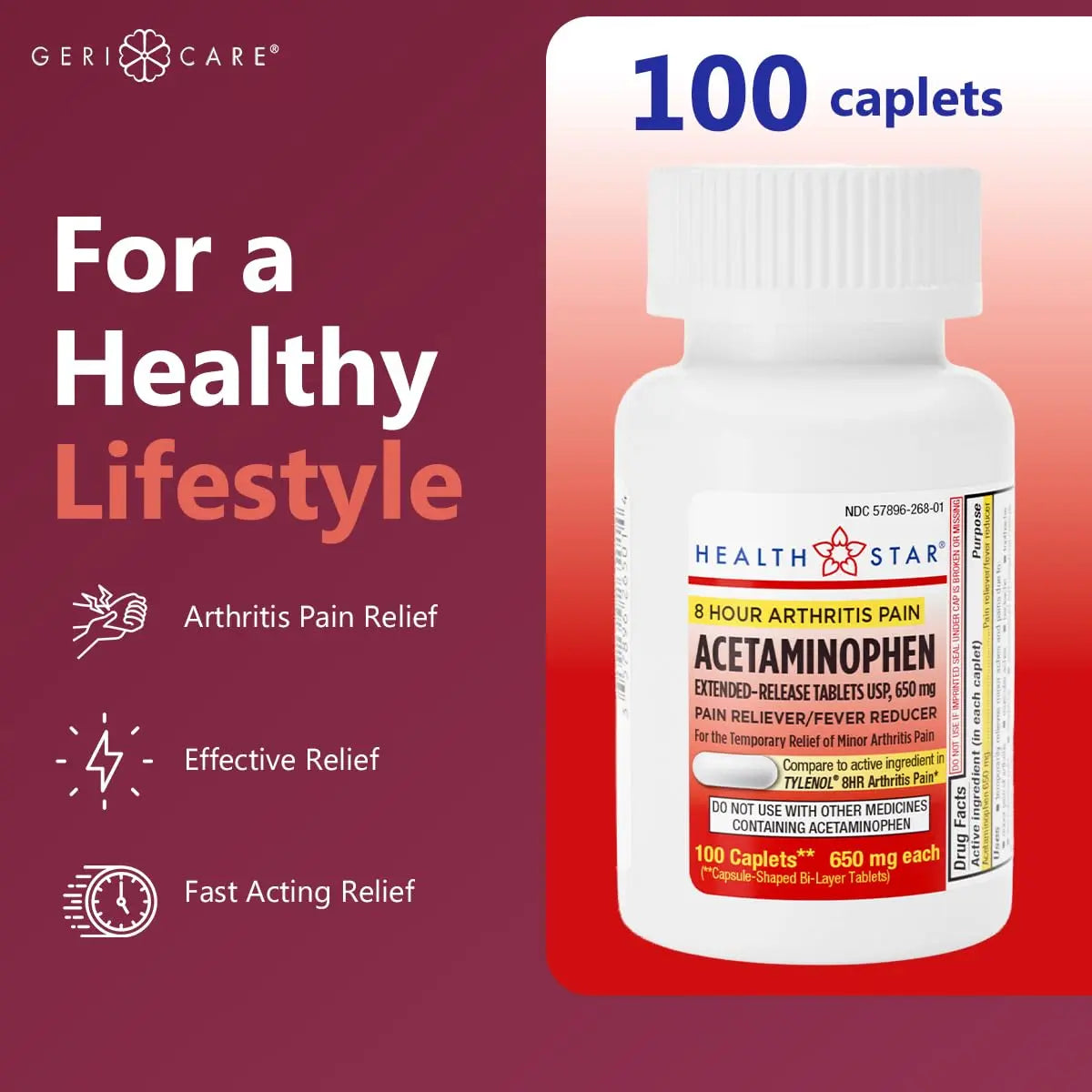 GeriCare Acetaminophen Extended-Release Arthritis 650mg Caplets, Pain Reliever, Arthritis Symptoms, Fever Reduction, 100 Count (Pack of 1) GeriCareBuy Supplements Australia