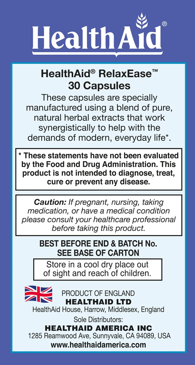 RelaxEase, Herbal Blend to Support Harmony and Tranquility, Once Daily, 30 ct, Helps Promote Health and Relaxation HealthAidBuy Supplements Australia