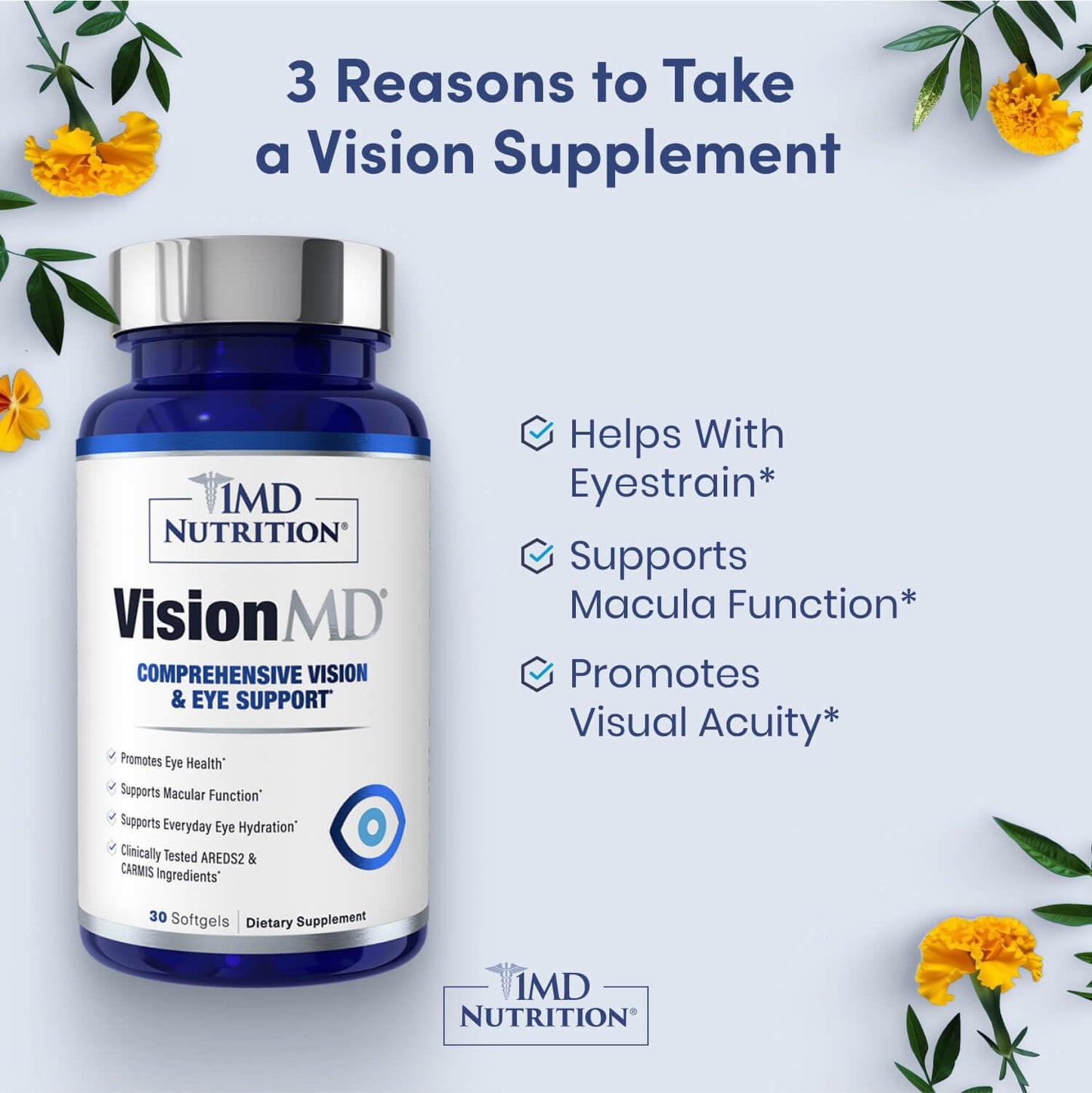 1MD Nutrition VisionMD Eye Vitamin CARMIS - Eye Supplement for Adults - with OptiLut Lutein & Zeaxanthin - Supports Vision Health Care, Everyday Eye Strain