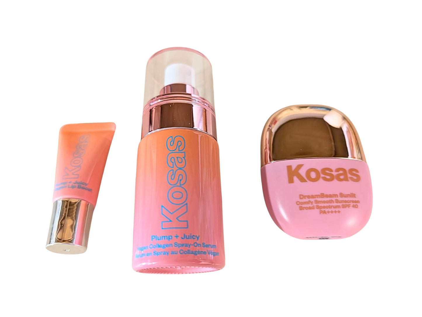 Kosas Plump + Juicy Makeup Prep Skincare Set – 3-Piece Mini Set with Collagen Spray-On Serum (1 oz), DreamBeam Sunlit SPF 40 PA++++ Sunscreen (0.5 oz), and Lip Booster (0.17 oz) KosasBuy Supplements Australia