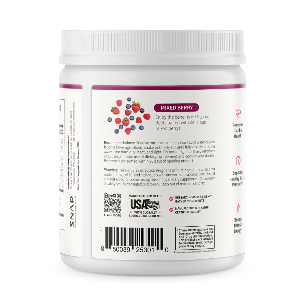 Snap Supplements Organic Beet Root Powder Nitric Oxide Supplement for Men & Women, Red Spinach & Pomegranate, Supports Healthy Energy & Blood Pressure Already in Normal Range, 30 Servings, Mixed Berry Snap Supplements buy supplements Au