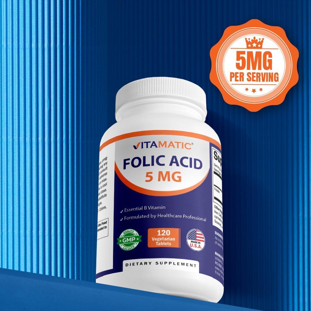 Vitamatic Folic Acid 5mg (5000 mcg) – 120 Vegetarian Tablets High Potency Vitamin B9 (Folate) for Cellular Health