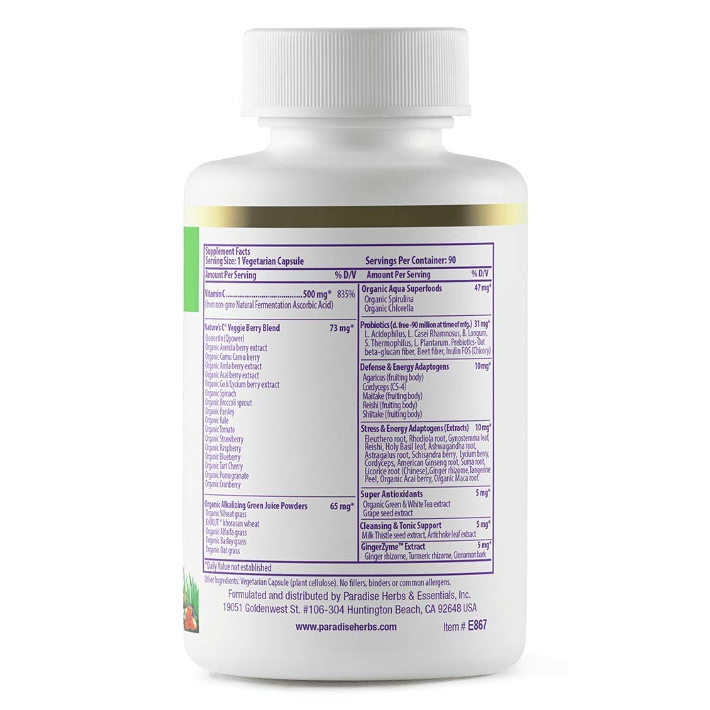 Paradise Herbs Earth's Blend Vitamin C with Nature's C and Adaptogens, Superfoods Base of Probiotics & Organic Alkalizing Greens, 90 Vegetarian Capsules Paradise HerbsBuy Supplements Australia