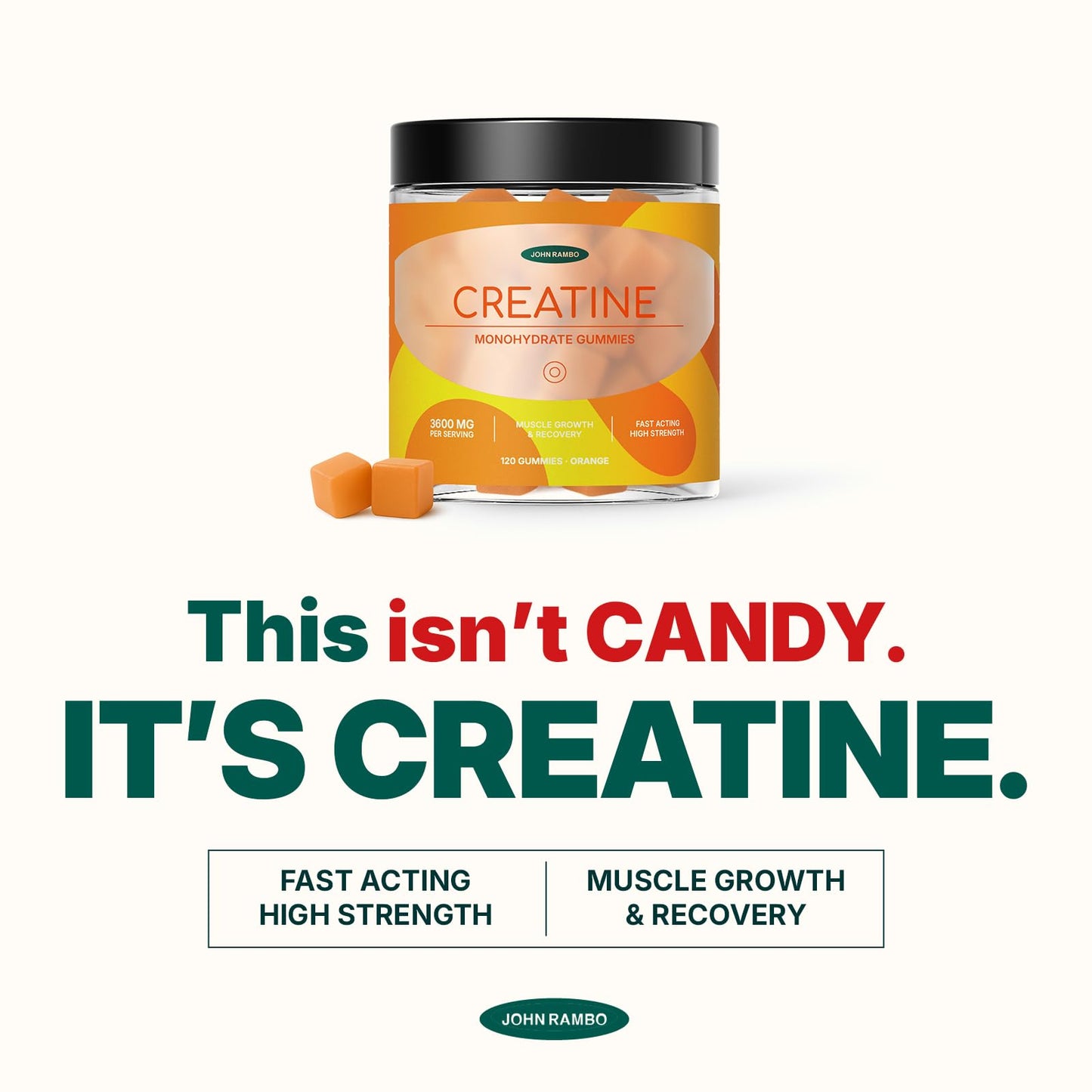JOHN RAMBO Creatine Monohydrate Gummies – 3600mg Real Creatine Per Serving – Transparent Label, Refreshing Orange Flavor, Lab-Tested Muscle & Strength Supplement JOHN RAMBOBuy Supplements Australia