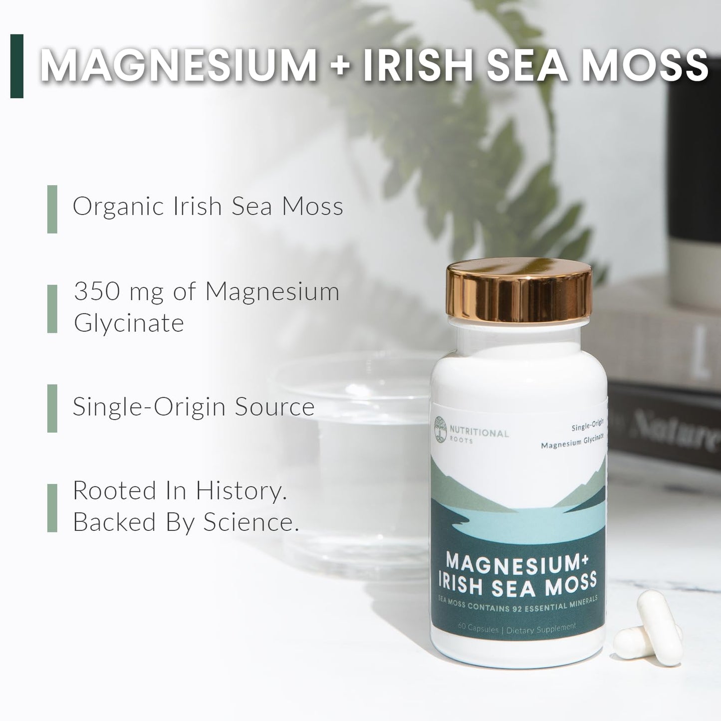 Nutritional Roots - Magnesium + Irish Sea Moss - 350mg Magnesium Glycinate & Organic Irish Sea Moss - Essential Minerals - Supports Heart & Bone Health - Dietary Supplement - 30 Servings - 60 Capsules Nutritional RootsBuy Supplements Australia