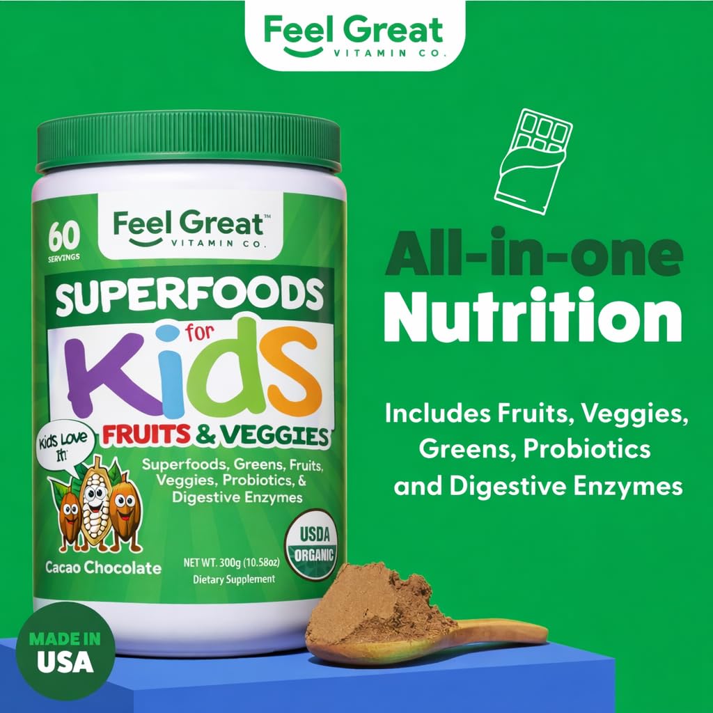Feel Great USDA Organic Super Greens Powder for Kids - Cocao Chocolate | Fruit & Veggie Supplement | Superfood Powder with Probiotics & Digestive Enzymes for Digestive Health | 60 Days Supply The Feel Great Vitamin CompanyBuy Supplements Australia