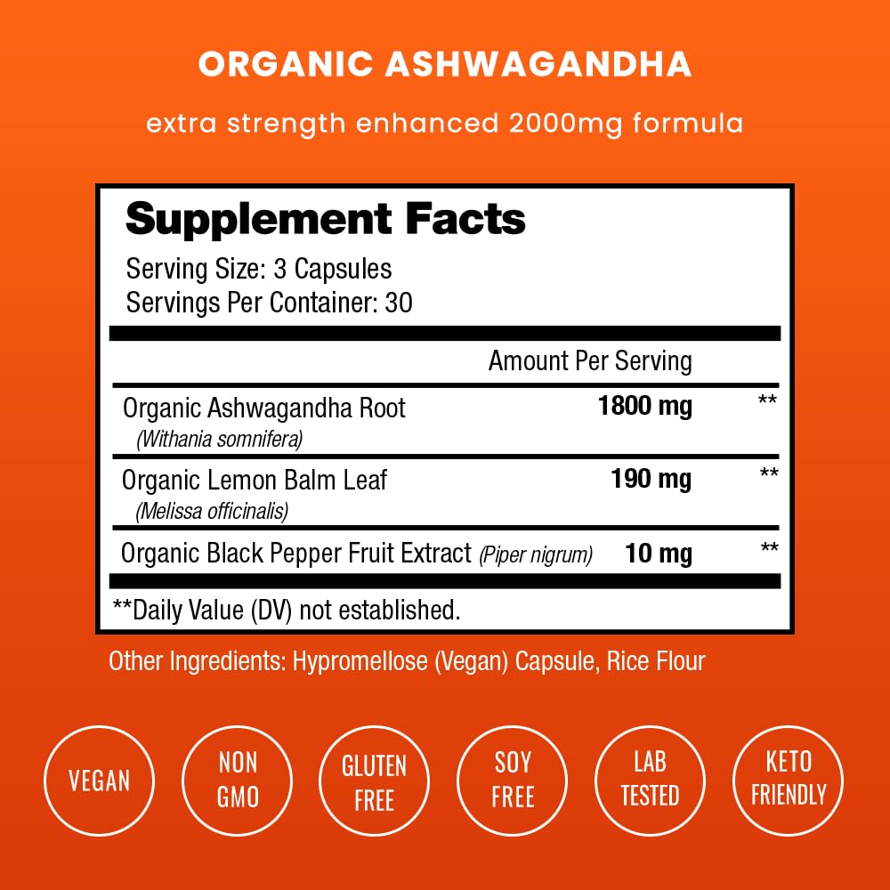 NutraChamps Organic Ashwagandha Capsules, 2000mg Adrenal Fatigue, Thyroid & Mood Support Ashwagandha Supplements, Ashwagandha Root Powder & Lemon Balm, Superior Absorption with Black Pepper NutraChampsBuy Supplements Australia