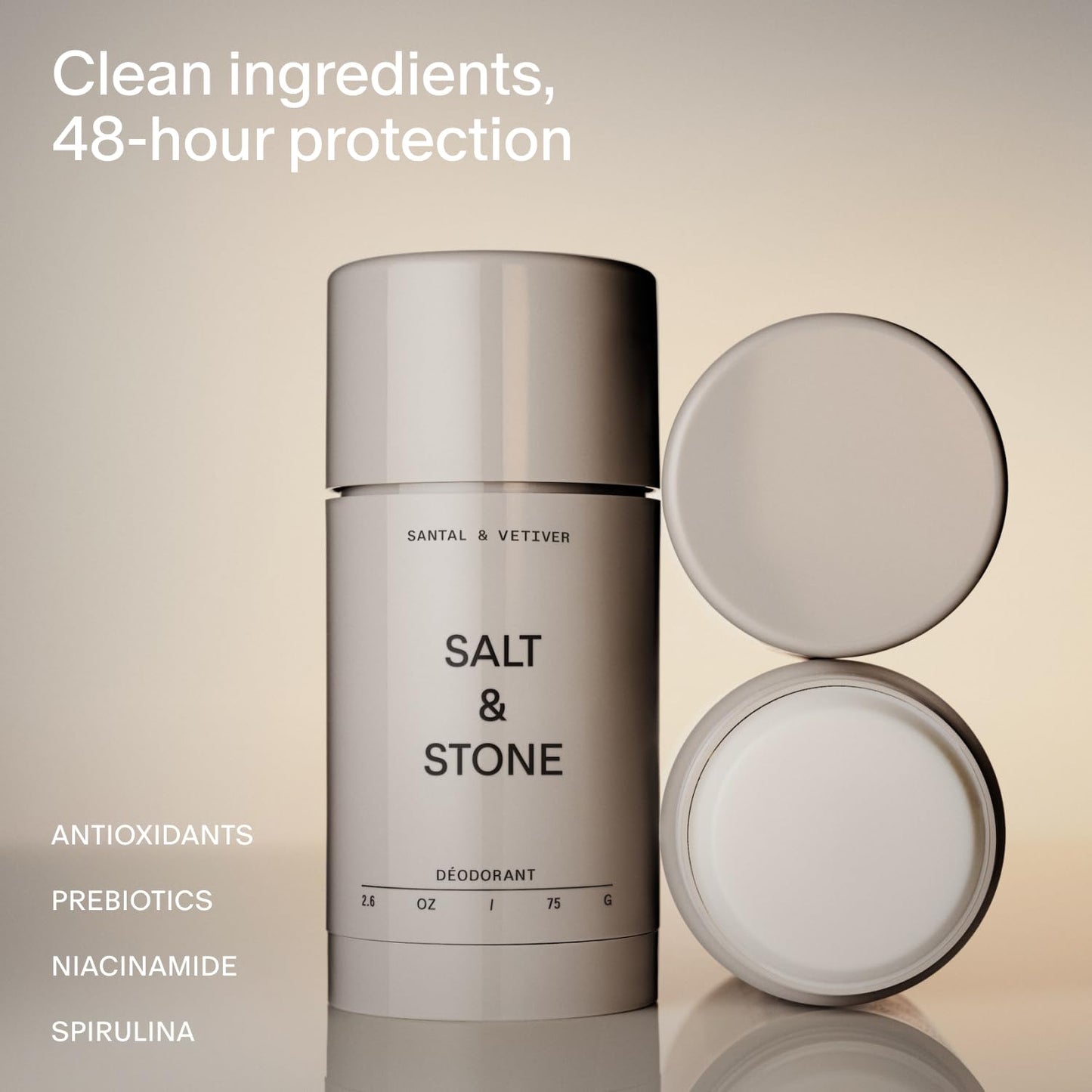 Salt & Stone Aluminum Free Deodorant | Extra Strength 48 Hour Protection for Women & Men | Made with Seaweed Extracts, Niacinamide & Prebiotics | Santal & Vetiver Salt & StoneBuy Supplements Australia