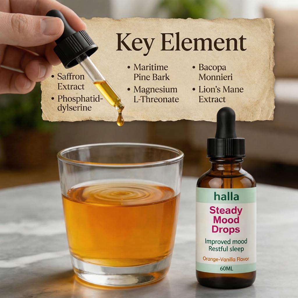 Halla Steady Mood Drops, with Saffron Extract – Fast Absorption Cognitive & Emotional Balance Supplement – Advanced Brain Nutrient Blend – Orange Vanilla Flavor, 2 fl oz