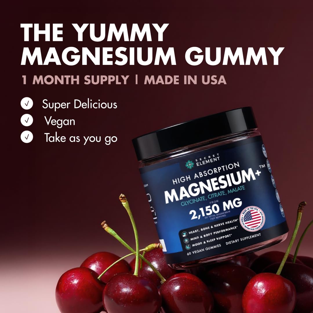 Magnesium Gummies 3in1 - Glycinate, Citrat, Malate 2150 MG High Absorption Supplement, Sugar-Free, Vegan, Chews for Men & Women, Inspired by Wellness Traditions Like Arjuna, 60 Gummies, Cherry Flavor Secret ElementBuy Supplements Australia