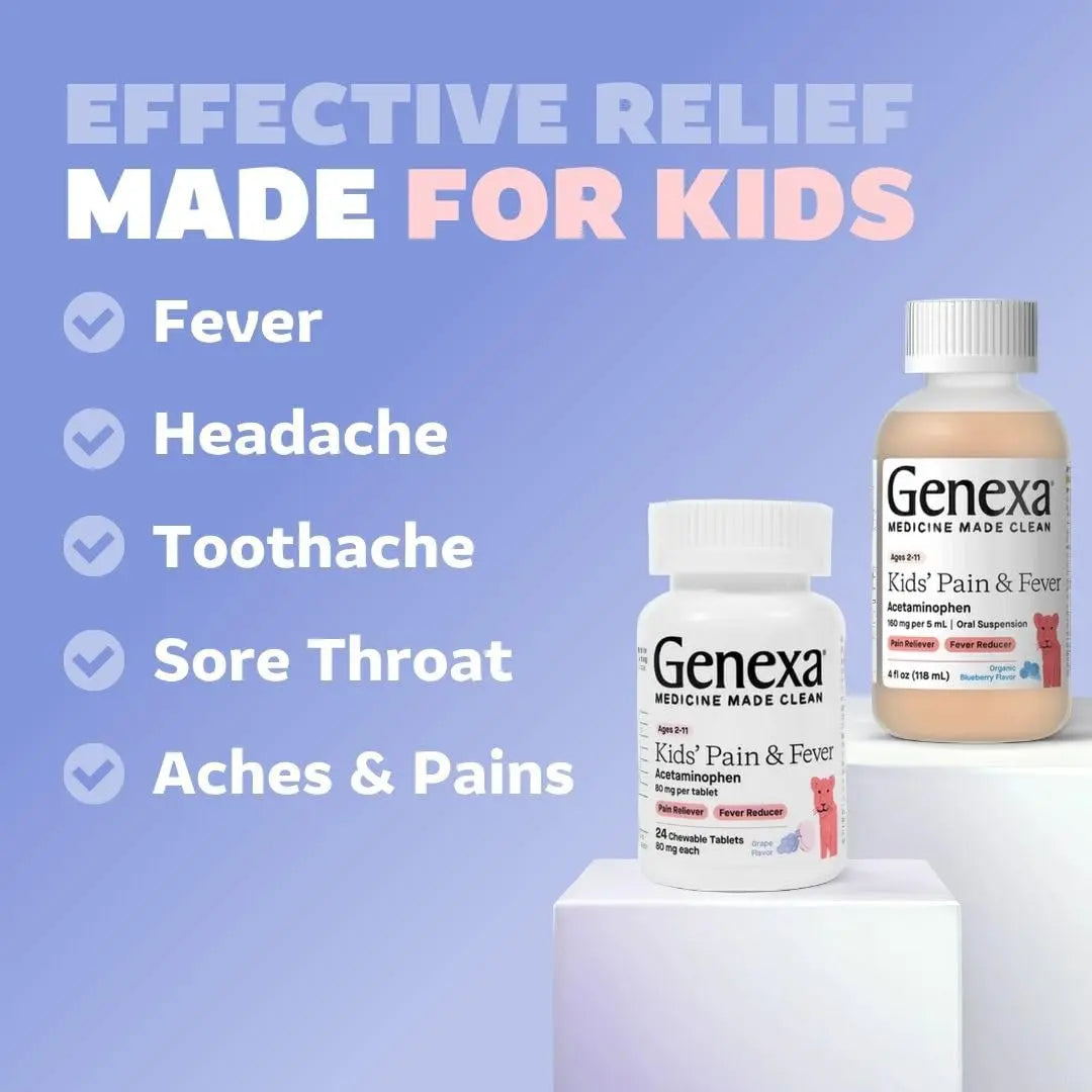 Genexa Kids' Clean Pain & Fever Acetaminophen Bundle | Relieves Fever & Minor Aches and Pain | Dye Free, 0% Artificial Additives | Chewable Tablets & Liquid Oral Suspension for Children Aged 2-11 GenexaBuy Supplements Australia