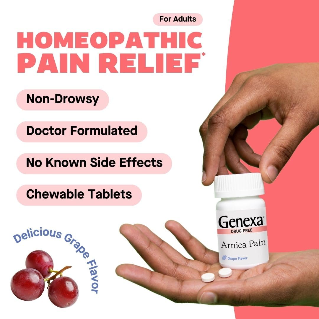 Genexa Arnica Tablets for Pain Relief Formula | Alleviate Muscle & Joint Pain, Soreness, & Stiffness | Delicious Organic Grape Flavor | Homeopathic Remedy Made Clean | 300 Chewable Tablets (3 Pack) GenexaBuy Supplements Australia