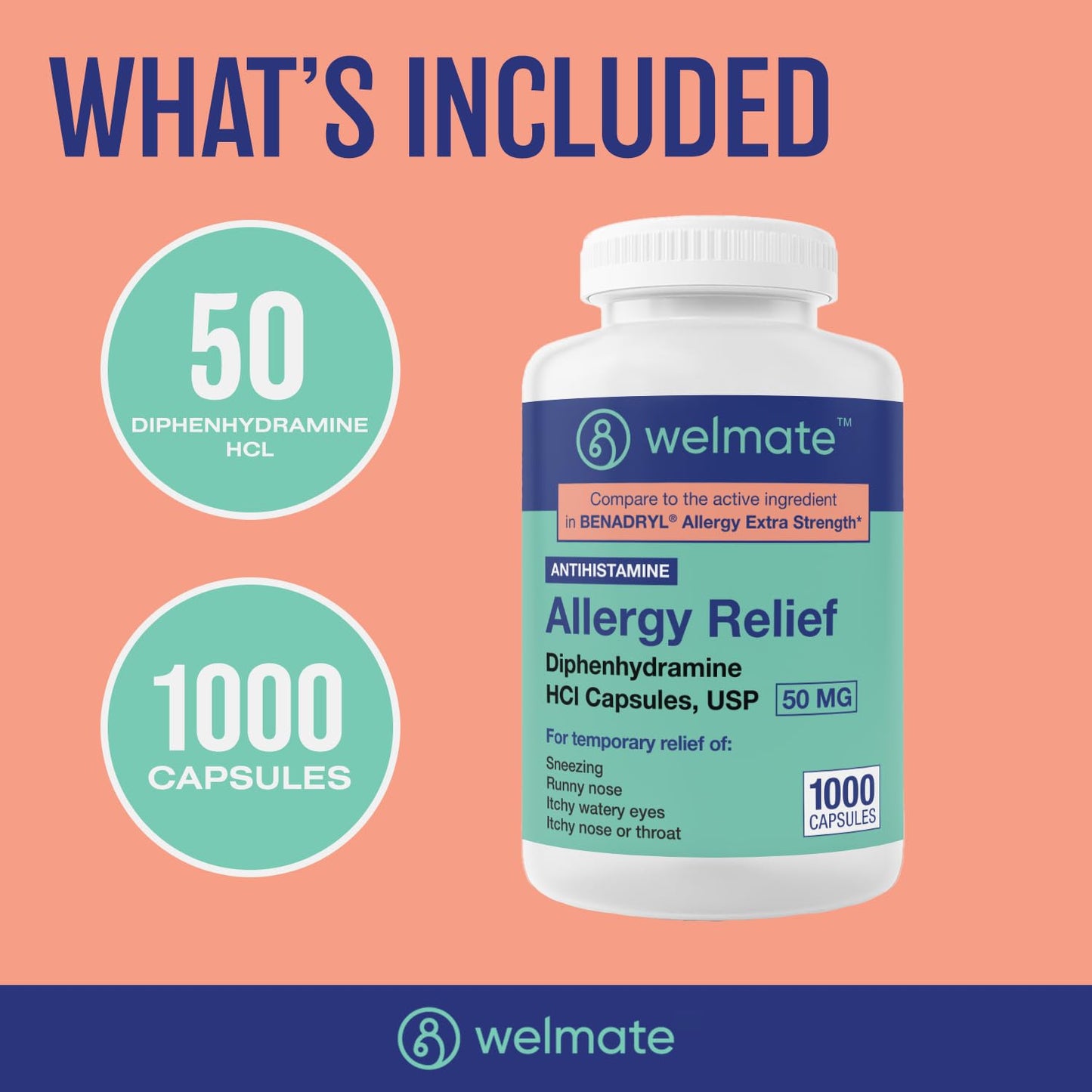 WELMATE Allergy Relief - Diphenhydramine 50 mg - 1000 Count Capsules - Antihistamine - Allergy & Cold Symptoms - Sneezing, Runny Nose, Itchy Eyes & Throat WELMATE buy supplements Au