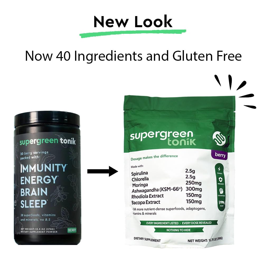 SUPERGREEN TONIK 100% Natural Greens Superfood Powder – Daily Supplement with 40 Superfoods, Vitamins and Minerals – Supports Energy, Stress and Immunity – 30 Days 360 Grams Berry Flavor (1 Bag) SUPERGREEN TONIKBuy Supplements Australia