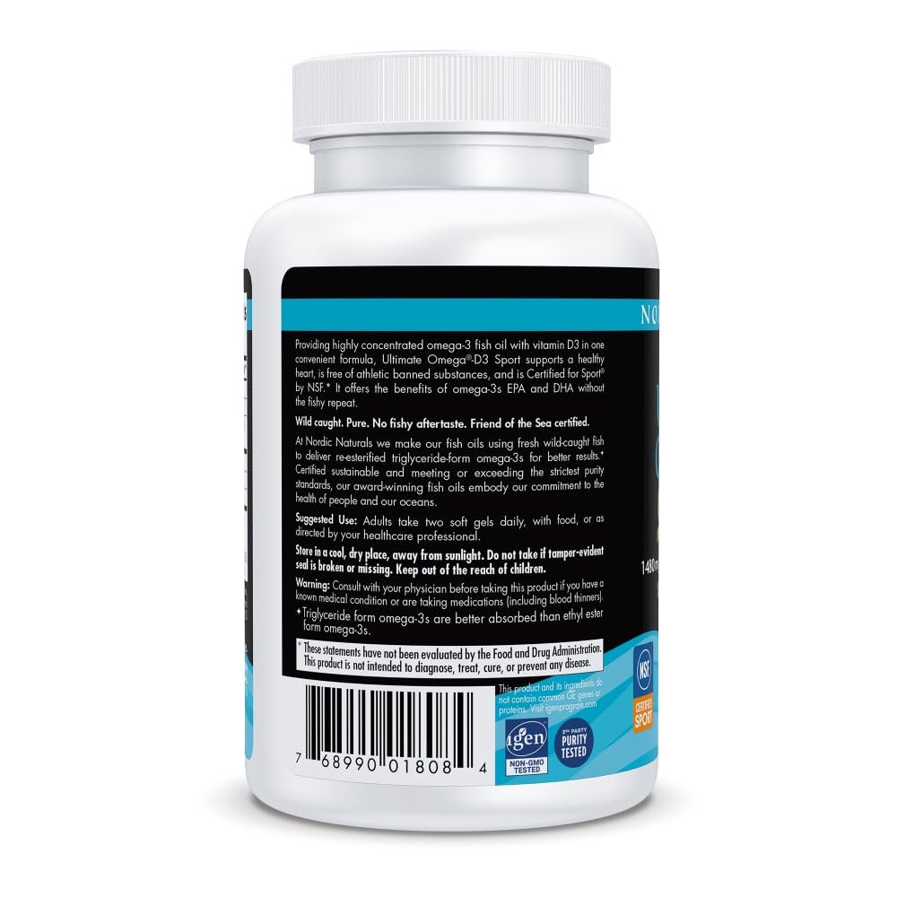 Nordic Naturals Ultimate Omega-D3 Sport, Lemon - 60 Soft Gels - 1480 mg Omega-3 + 1000 IU Vitamin D3 - NSF Certified - Supports Muscle, Bones, Focus & Endurance - 30 Servings Nordic Naturals buy supplements Au