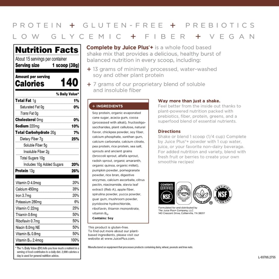 Complete by JuicePlus+ Dutch Chocolate Shakes - Plant-Based Nutrition - Whole Food Based Shake Powder with Protein, Fiber & Prebiotics - 30 Servings (2 Pouches, 15 Servings Each) Juice Plus+Buy Supplements Australia