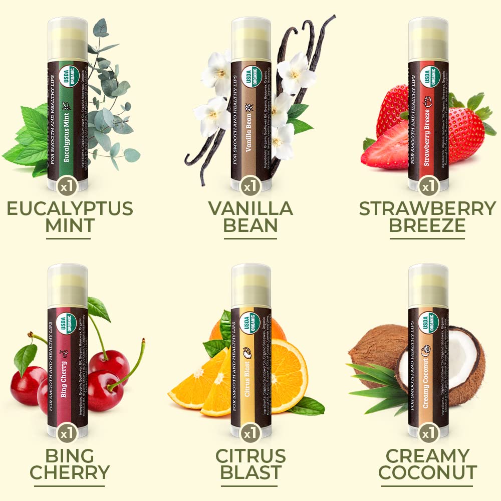 Earth's Daughter USDA Organic Lip Balm 6-Pack - Fruit Flavors, Beeswax, Coconut Oil, Vitamin E - Best Lip Repair