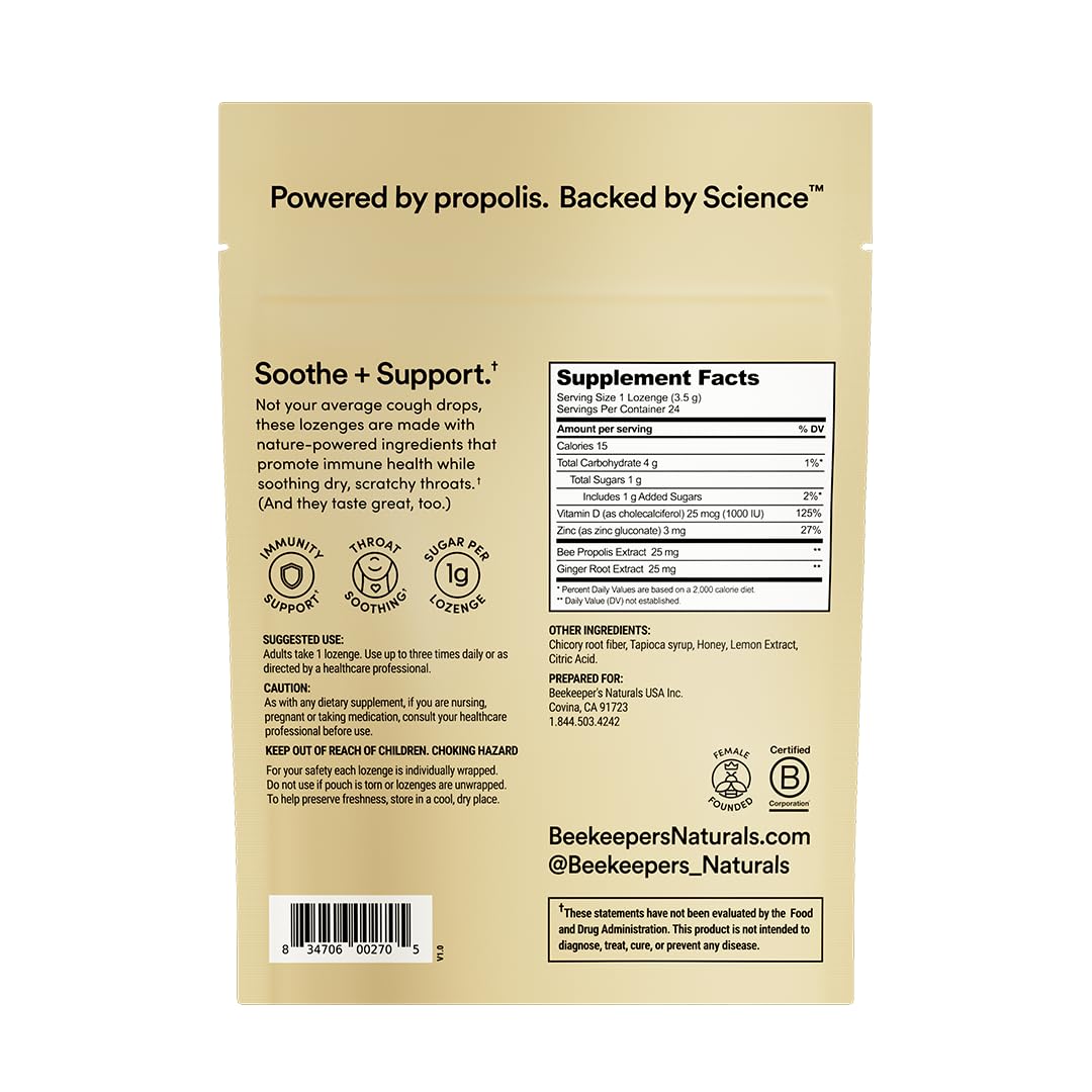 Beekeeper's Naturals Soothing Honey Ginger Lemon Cough Drops - Immune Support with Vitamin D, Zinc and Propolis Throat Soothing Lozenges, 24 Ct