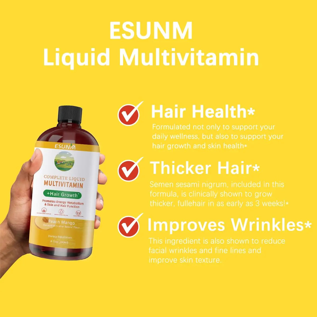ESUNM Complete Liquid Multivitamin + Hair Growth, Promotes Energy Metabolism& Skin and Hair Function| Vitamin C D | B Vitamins | ESUNM