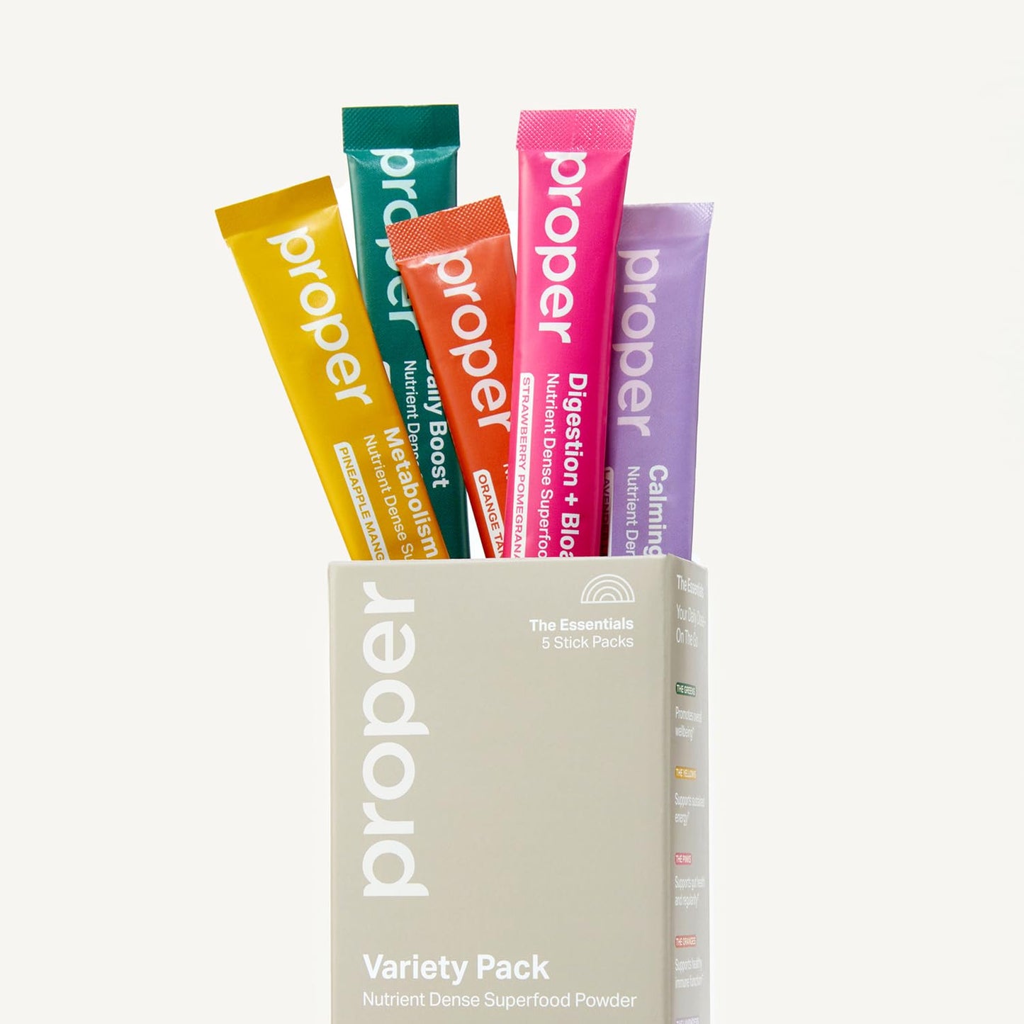 Proper The Essentials Super Foods Powder 5-Stick Variety Pack - Super Greens, Gut Health, Metabolism & Energy, Calm Magnesium Powder & Immune Support Supplement Packs ProperBuy Supplements Australia
