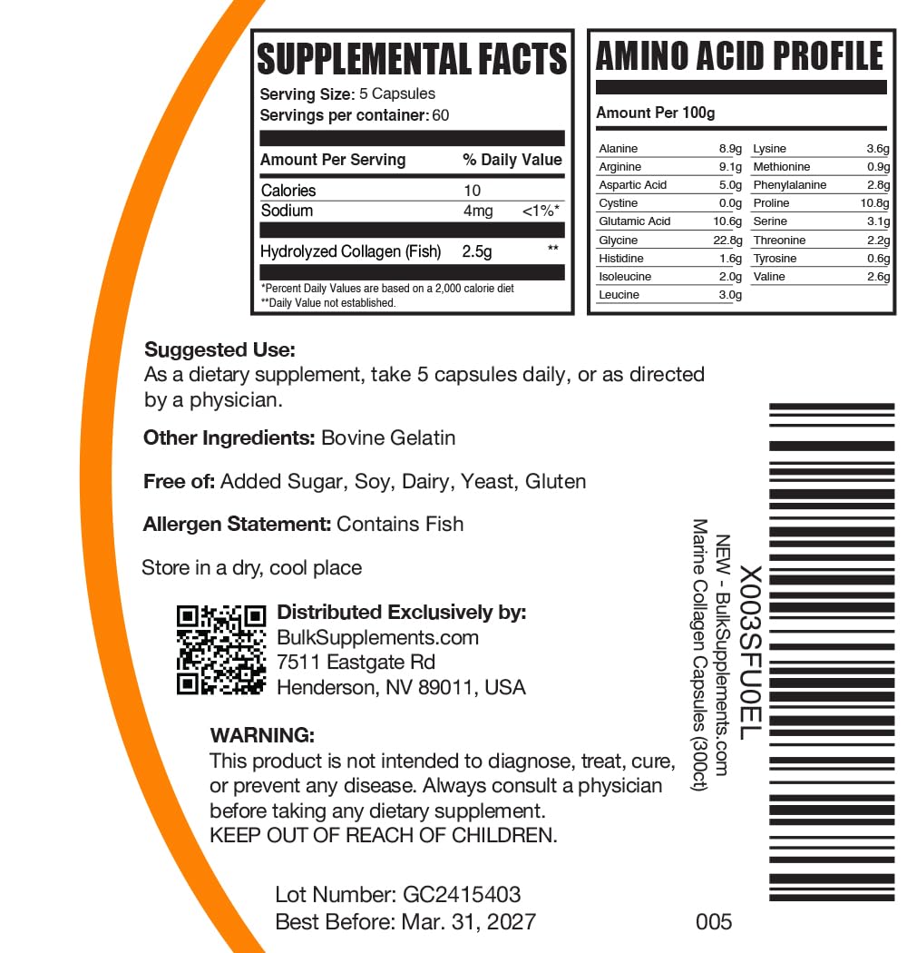 BulkSupplements.com Marine Collagen Capsules - Fish Collagen Supplement, Collagen for Women & Men - Hydrolyzed Collagen, Gluten Free, 5 Capsules per Serving, 300 Capsules (Pack of 1) BulkSupplements buy supplements Au