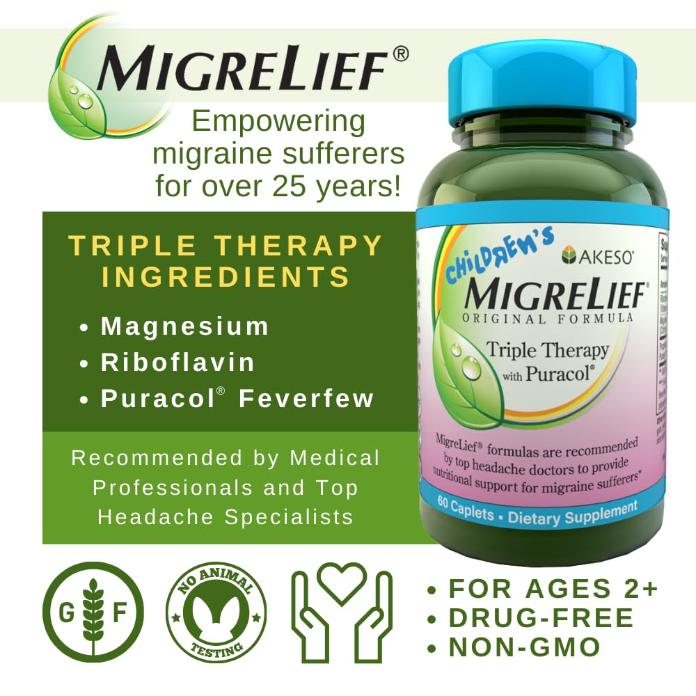 Children's MigreLief® - Triple Therapy with Puracol™ - Nutritional Support for Pediatric Migraine Sufferers - 60 Caplets/1 Month Supply MigreLiefBuy Supplements Australia